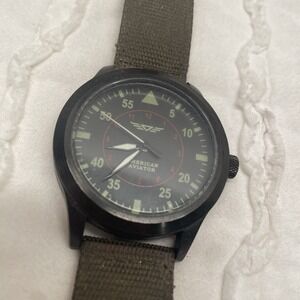 American Aviator Watch Wristwatch Mens Black Green Band Vintage UNTESTED